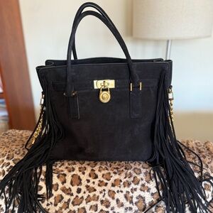 NWT Michael Kors Black Hamilton Moderne Large Fringed Suede Satchel